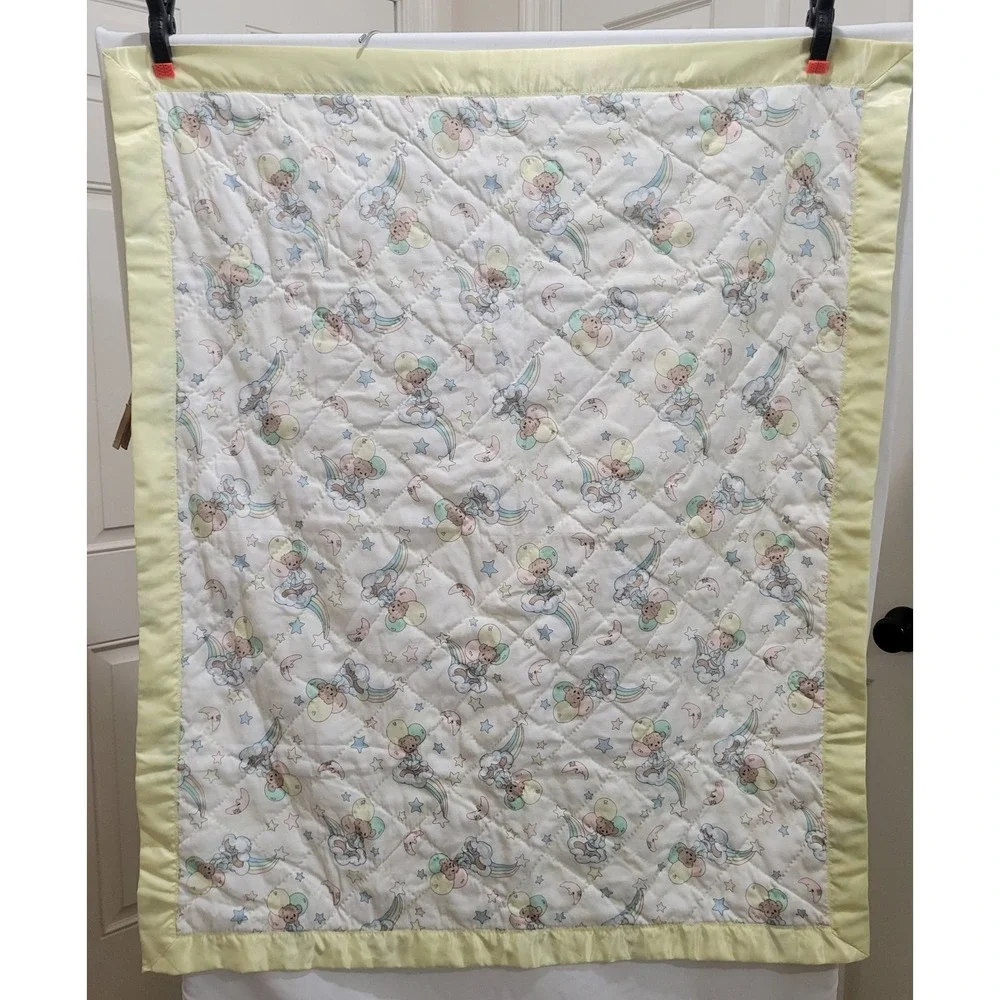 Vintage Precious Moments Bears Baby Quilt Crib Blanket Yellow Satin Trim 36 x 43